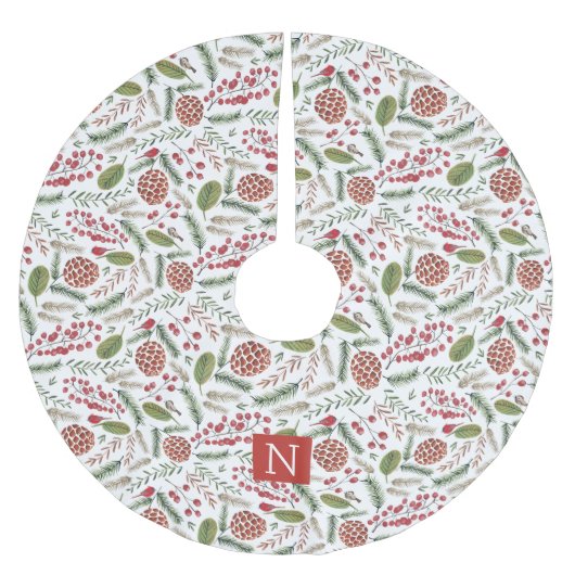 パインコーン(鳥)ショウジョウコウカンチョウクリスマスモノグラム ブラッシュドポリエステルツリースカート (正面)