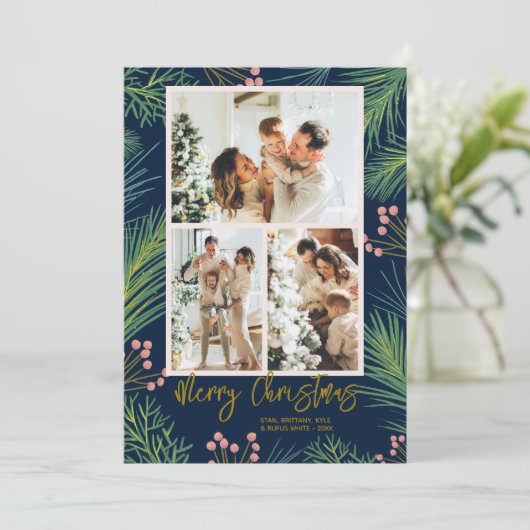 パインズベリー数々のフォトネイビーブルークリスマス シーズンカード (スタンド正面)