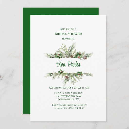 パインタイズレッドベリークリスマスブライダルシャワー 招待状 (正面/裏面)