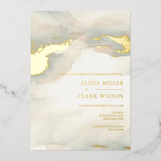 パインターリーウォーターカラー結婚ムーディーズ金ゴールド 箔招待状 (正面)