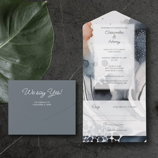 パインターリーウォーターモダンカラームーディブルー結婚ズ オールインワン招待状