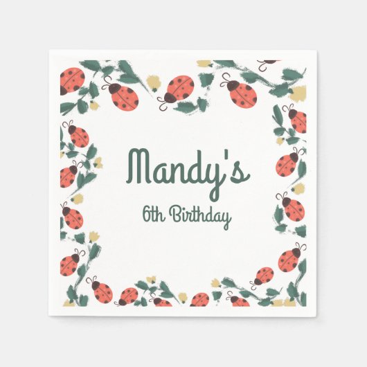 パインターリーレディーバグ誕生日ガーデンパーティー スタンダードカクテルナプキン (正面)