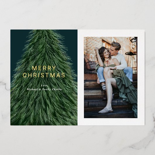 パインツリークリスマスホリデーフォトフォイル招待状 箔招待状 (正面)