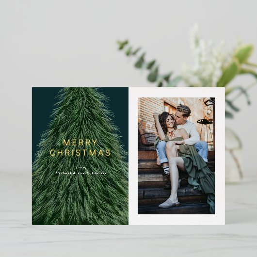 パインツリークリスマスホリデーフォトフォイル招待状 箔招待状 (立ち正面)