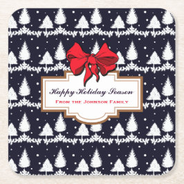 パインツリーズアンドスノーハッピーホリデーシーズンファミリー スクエアペーパーコースター