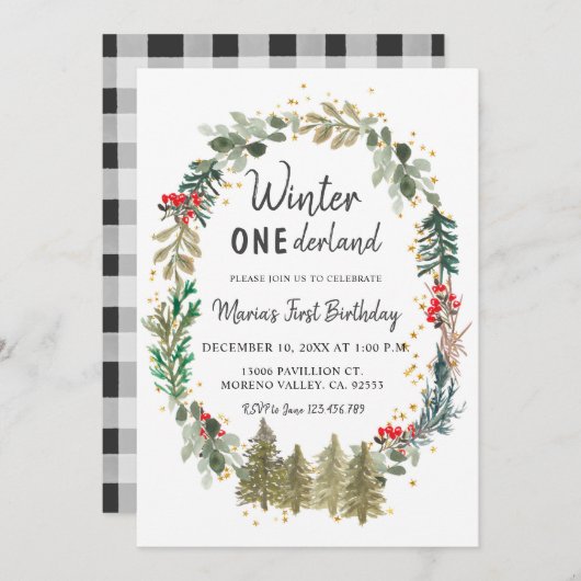 パインツリーズウィンターオンダーランド誕生日 招待状 (正面/裏面)