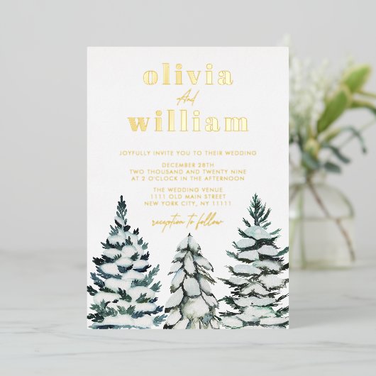 パインツリーズスノー冬クリスマスホリデ結婚ーズ 箔招待状 (立ち正面)