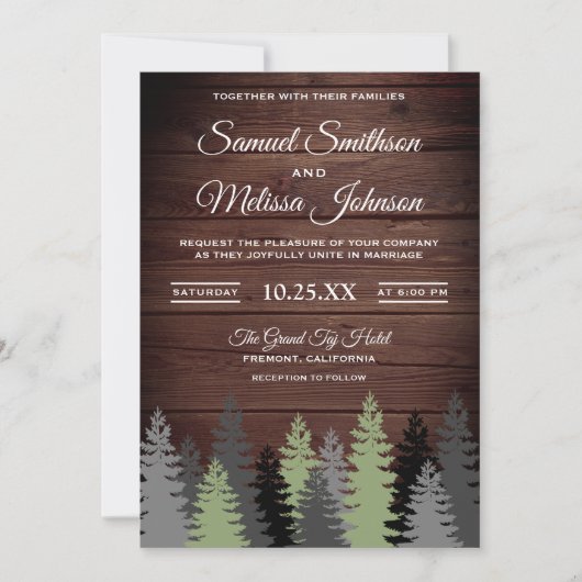 パインツリーズ素朴ウッドウィンターウェディング招待状 招待状 (正面)