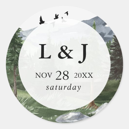 パインツリーフォレストウォーターカラーをテーマにした結婚式の引き出物 ラウンドシール (正面)