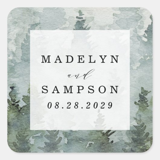 パインツリーフォレスト素朴ウォーターカラー結婚式の引き出物 スクエアシール (正面)