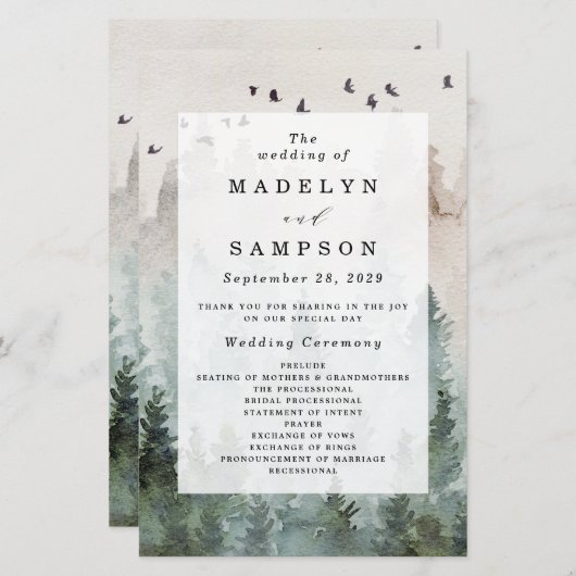 パインツリーフォレスト素朴ウォーターカラー結婚式 プログラム (正面/裏面)