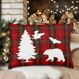 パインツリーベアーイーグルオンレッドブラックタータンチェック アクセントクッション