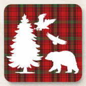 パインツリーベアーイーグルオンレッドブラックタータンチェック コースター (正面)