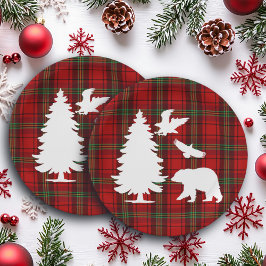 パインツリーベアーイーグルオンレッドブラックタータンチェック ペーパープレート