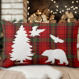 パインツリーベアーイーグルオンレッドブラックタータンチェック ランバークッション