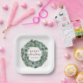 パインツリーリースメリークリスマスグリーン&レッド ペーパープレート (パーティー)