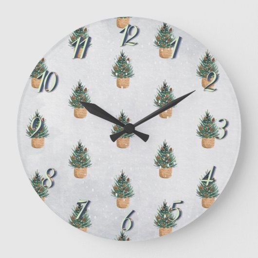 パインツリー、パインコーン、雪の休日 ラージ壁時計 (正面)
