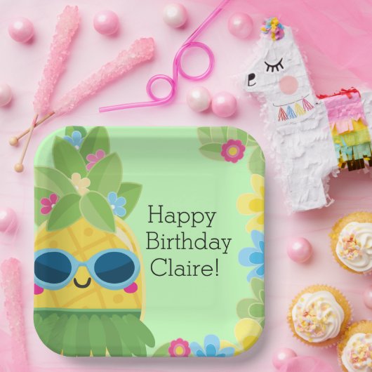 パインパーソナライズされたガーリーアップル熱帯誕生日 ペーパープレート (パーティー)