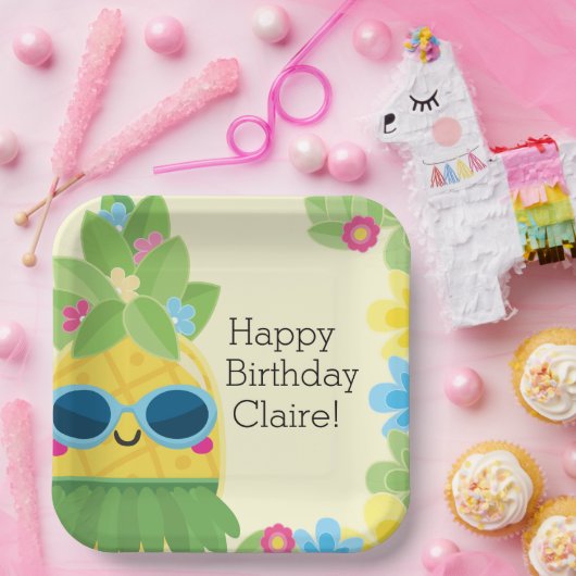 パインパーソナライズされたガーリーアップル熱帯誕生日 ペーパープレート (パーティー)