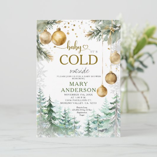 パインフォレスト金ゴールドオーナメントクリスマスベビーシャワー 招待状 (スタンド正面)