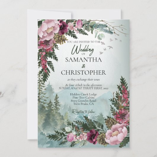 パインフォレストBurgundyほこりっぽいバラウォーター結婚カラー 招待状 (正面)