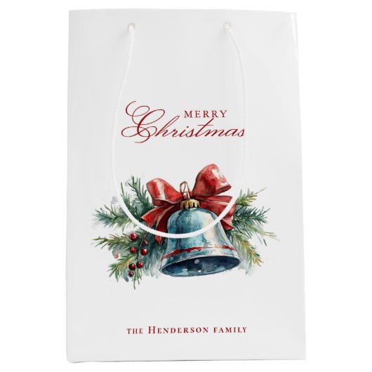 パインブランチとクリスマスベル名前をカスタムする ミディアムペーパーバッグ (正面)