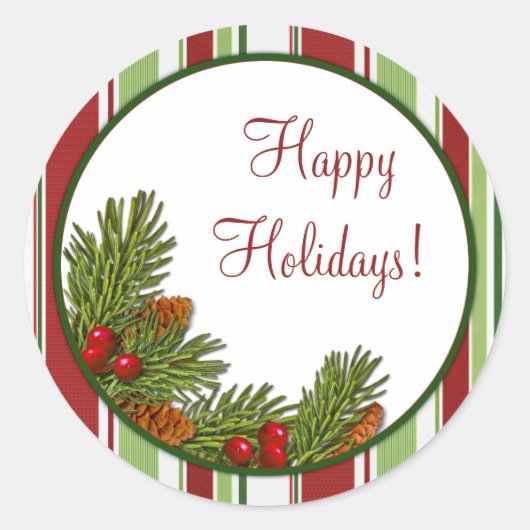 パインブーヘホリーストライプクリスマスステッカー ラウンドシール (正面)