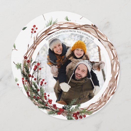 パインベリーナチュラルボタニカルラウンドフォトホリデー シーズンカード (正面/裏面)