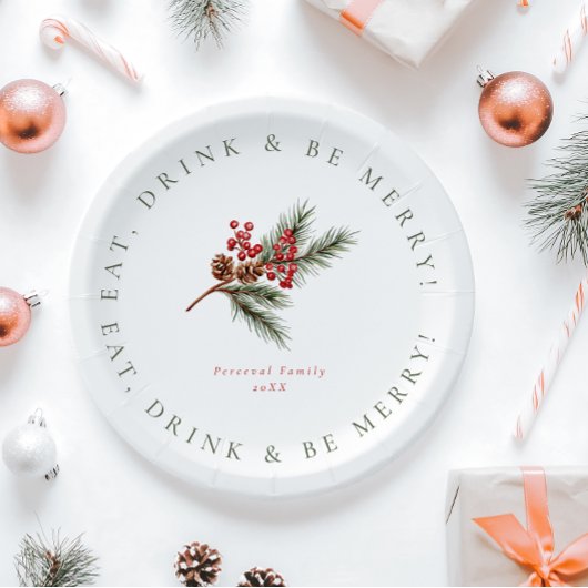 パインモダンブランチ&ベリーファミリークリスマス ペーパープレート