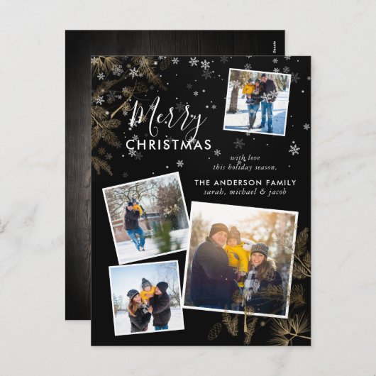 パインモダン&スノークリスマス4フォトコラージュカード シーズンポストカード (正面/裏面)