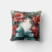 パインリースと赤い花とホリー クッション (正面)