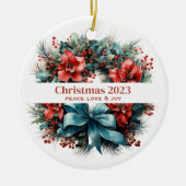 パインリースと赤い花とホリー セラミックオーナメント (正面)