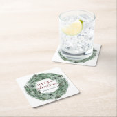 パインリースグリーン&レッドメリークリスマスホリデー スクエアペーパーコースター (インサイチュ)