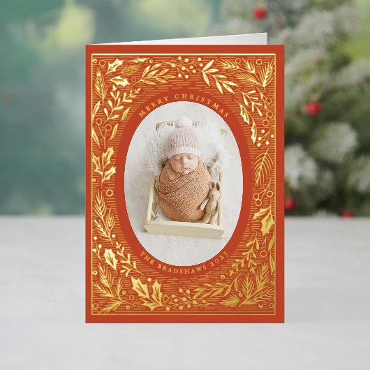 パイン伝統的とホリーの写真 箔シーズンカード (クリスマスインサイチュ)
