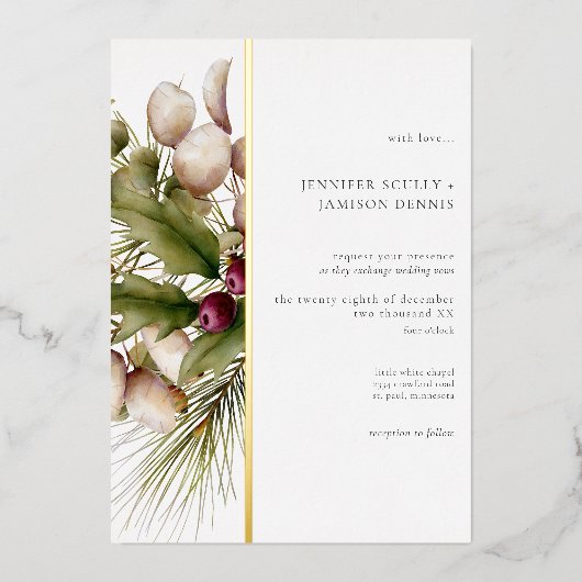 パイン素朴ウィンターブーケ結婚ーズ 箔招待状 (正面)