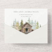 パイン素朴エレガントウッズフォレスト納屋周囲の庭結婚ズ オールインワン招待状 (裏面)