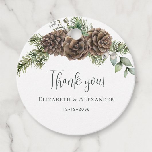 パイン素朴コーン緑の冬の結婚式 フェイバータグ (正面)