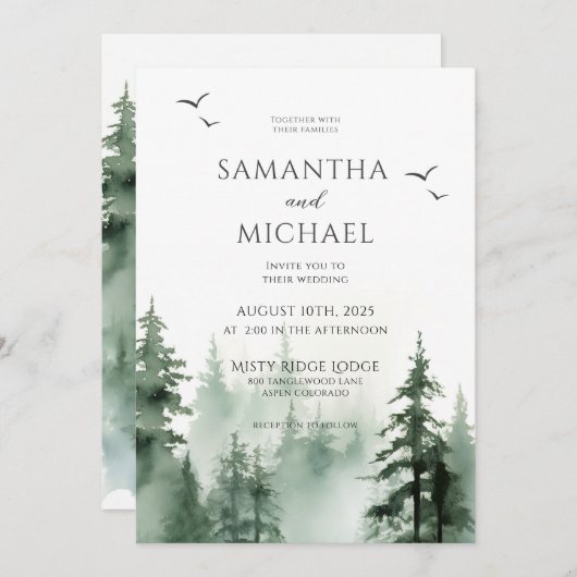 パイン素朴ツリーフォレストの水の色結婚の設定 招待状 (正面/裏面)