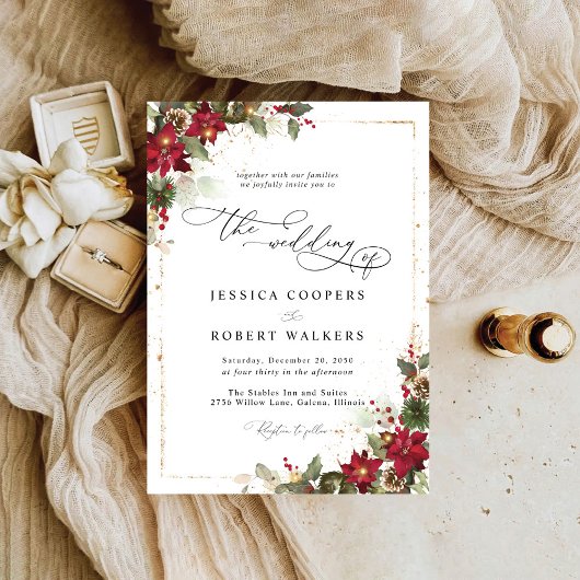 パイン素朴ポインセチアフローラ結婚クリスマス 招待状