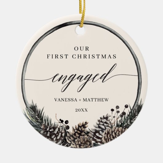 パイン素朴リース初めてのクリスマス婚約した セラミックオーナメント (正面)