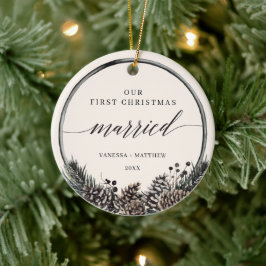 パイン素朴リース初めてのクリスマス結婚した セラミックオーナメント
