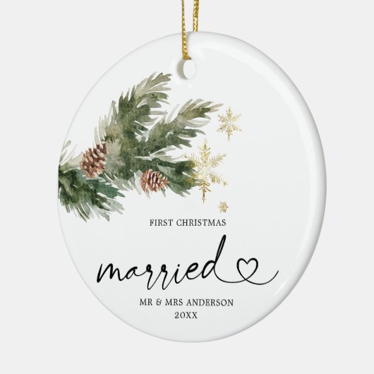 パイン素朴リーフ初めてのクリスマス結婚したオーナメント セラミックオーナメント (左)