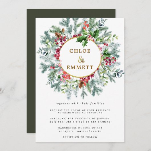 パイン素朴、ホリー、ベリーリース結婚ズ 招待状 (正面/裏面)