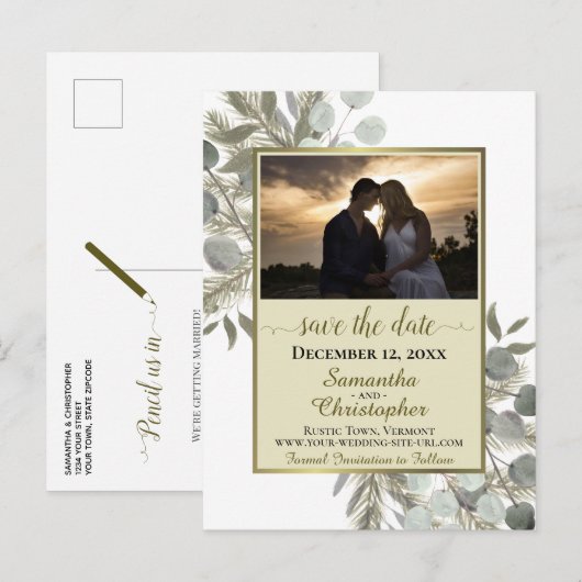 パイン素朴&ユーカリ金ゴールド日付写真を保存 案内ポストカード (正面/裏面)