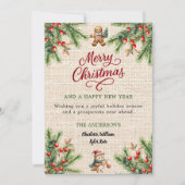 パイン赤い果実ベージュバーラップかわいいフクロウのクリスマス シーズンカード (正面)