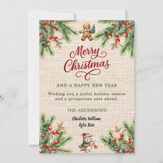 パイン赤い果実ベージュバーラップかわいいフクロウのクリスマス シーズンカード (正面)