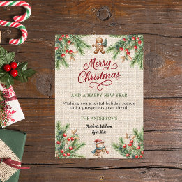 パイン赤い果実ベージュバーラップかわいいフクロウのクリスマス シーズンカード