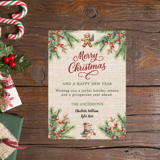 パイン赤い果実ベージュバーラップかわいいフクロウのクリスマス シーズンカード