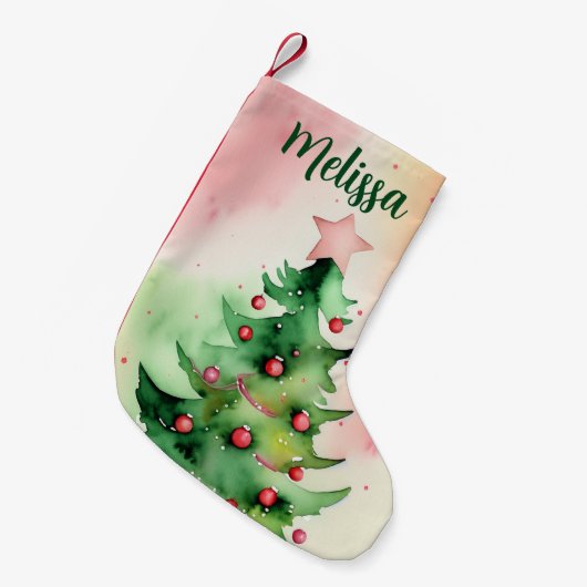 パイン魅力的ツリー&レッドオーナメントズホリデイ スモールクリスマスストッキング (正面 (吊り時))