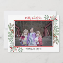パイン&ホリー赤い素朴ギンガムのクリスマスフォト シーズンカード